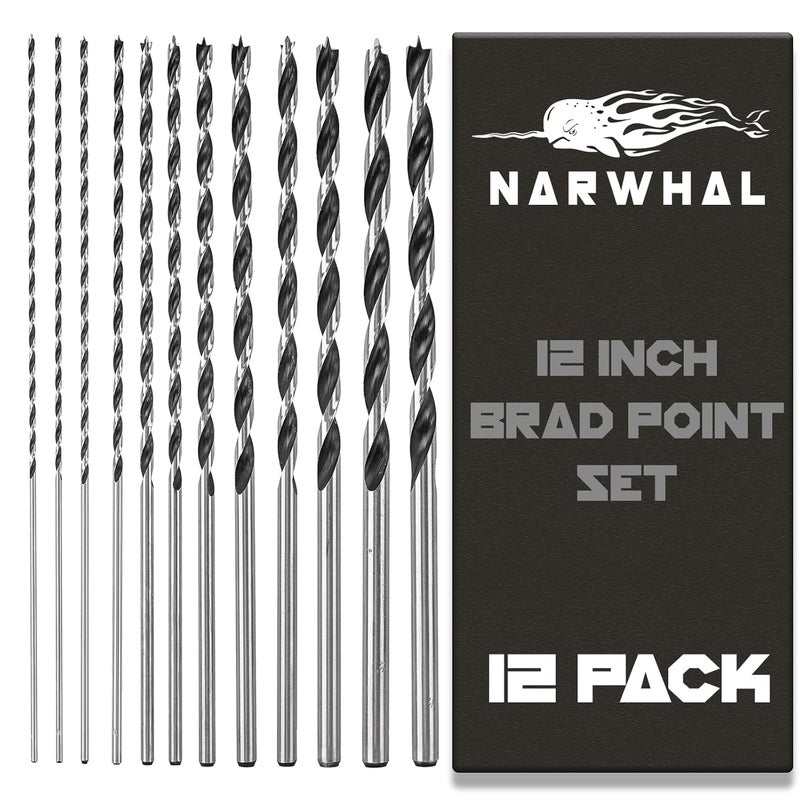Narwhal Extra Long Brad Point Drill Bit Set for Wood (12 Pack) 12 Inch Length in 1/8", 5/32", 3/16", 1/4", 5/16" 3/8", 7/16", and 1/2" for Precision Splinter Free Drilling - Includes Storage Sleeve - Image 1